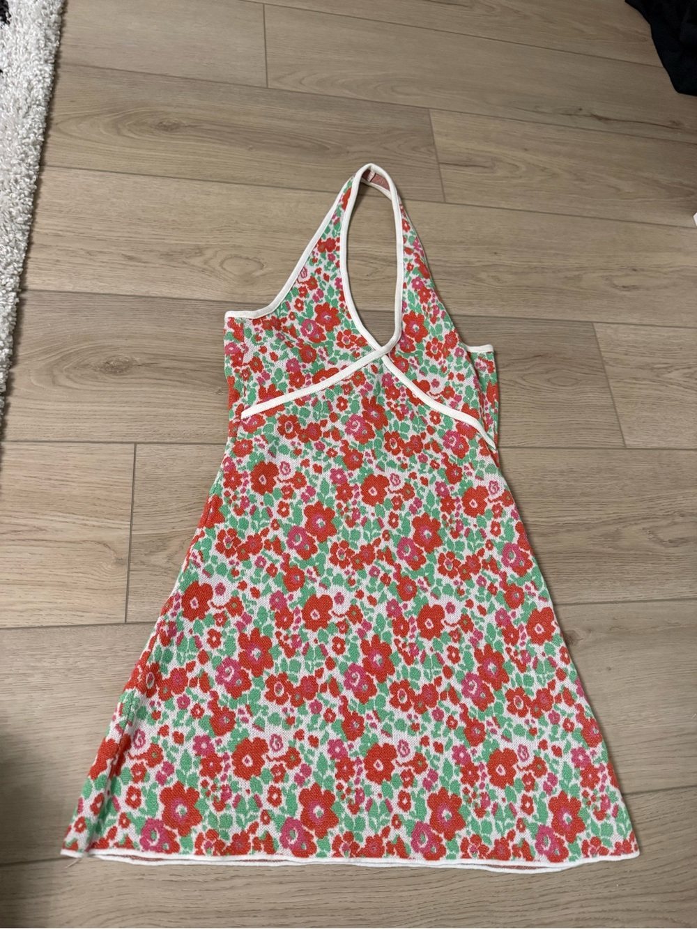 Zara Red & Green Floral Halter Mini Dress with White Trim